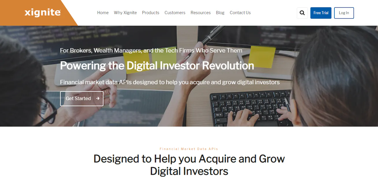 Xignite website promoting financial market data APIs for brokers and wealth managers