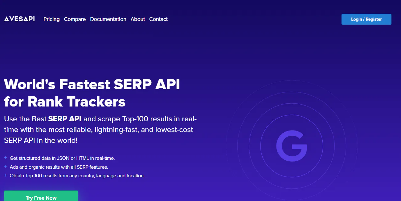 AvesAPI landing page promoting a SERP API for scraping Google search results in real time