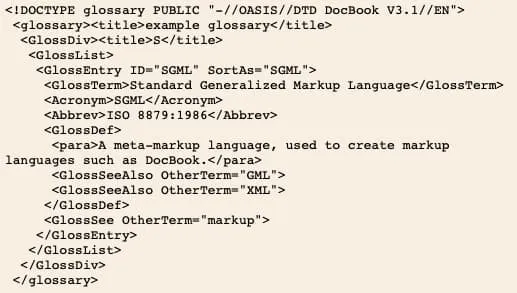 Example of XML markup showing nested tags and attributes in a glossary document
