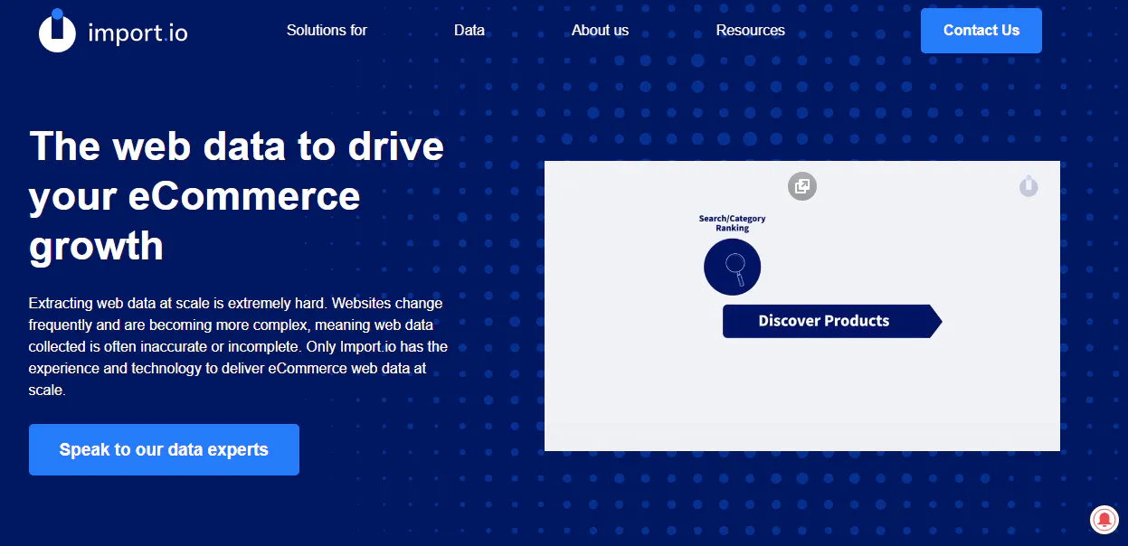 Import.io landing page about using web data for ecommerce growth with a call-to-action button