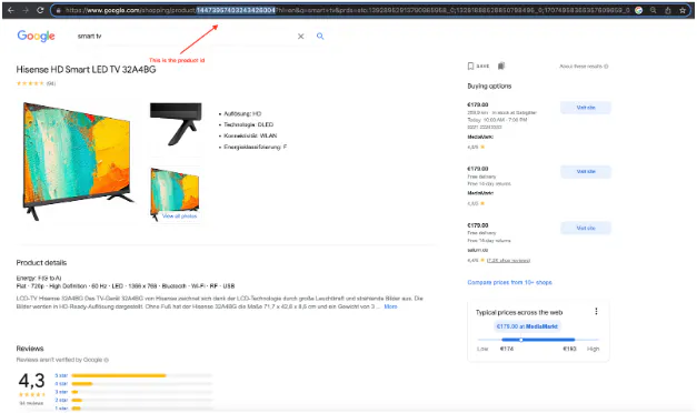 Google Shopping product page with highlighted URL and a smart TV listing with price comparison panel