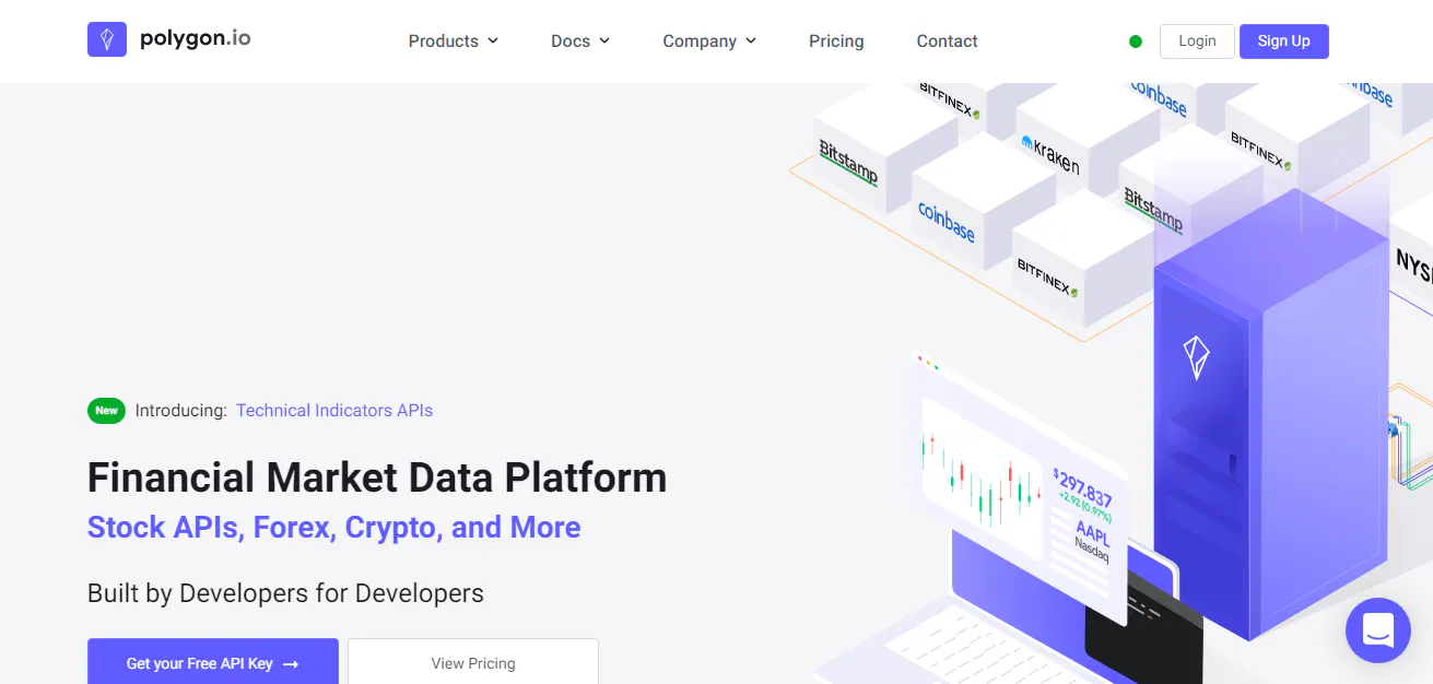 Polygon.io landing page advertising stock, forex, and crypto market data APIs