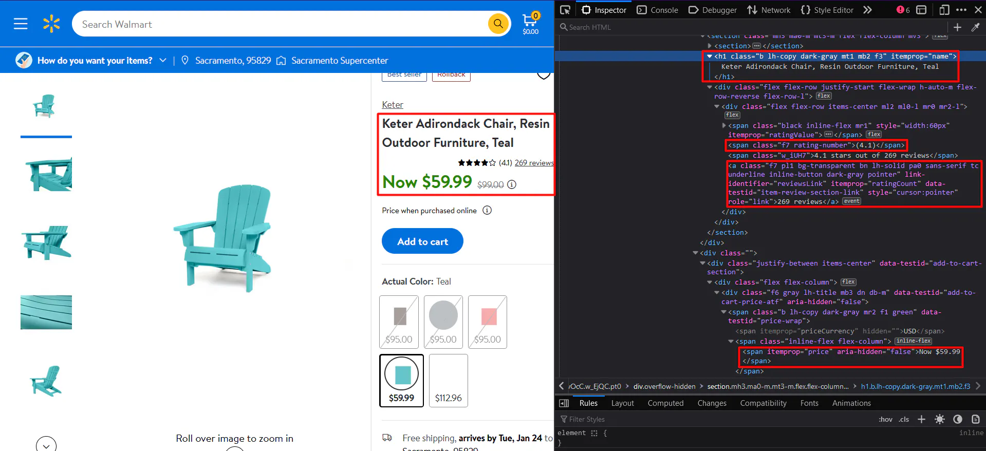 Walmart product page alongside browser inspector, highlighting the product title, price, and corresponding HTML elements