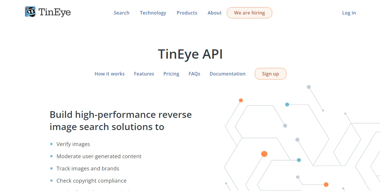 TinEye API page promoting reverse image search for images