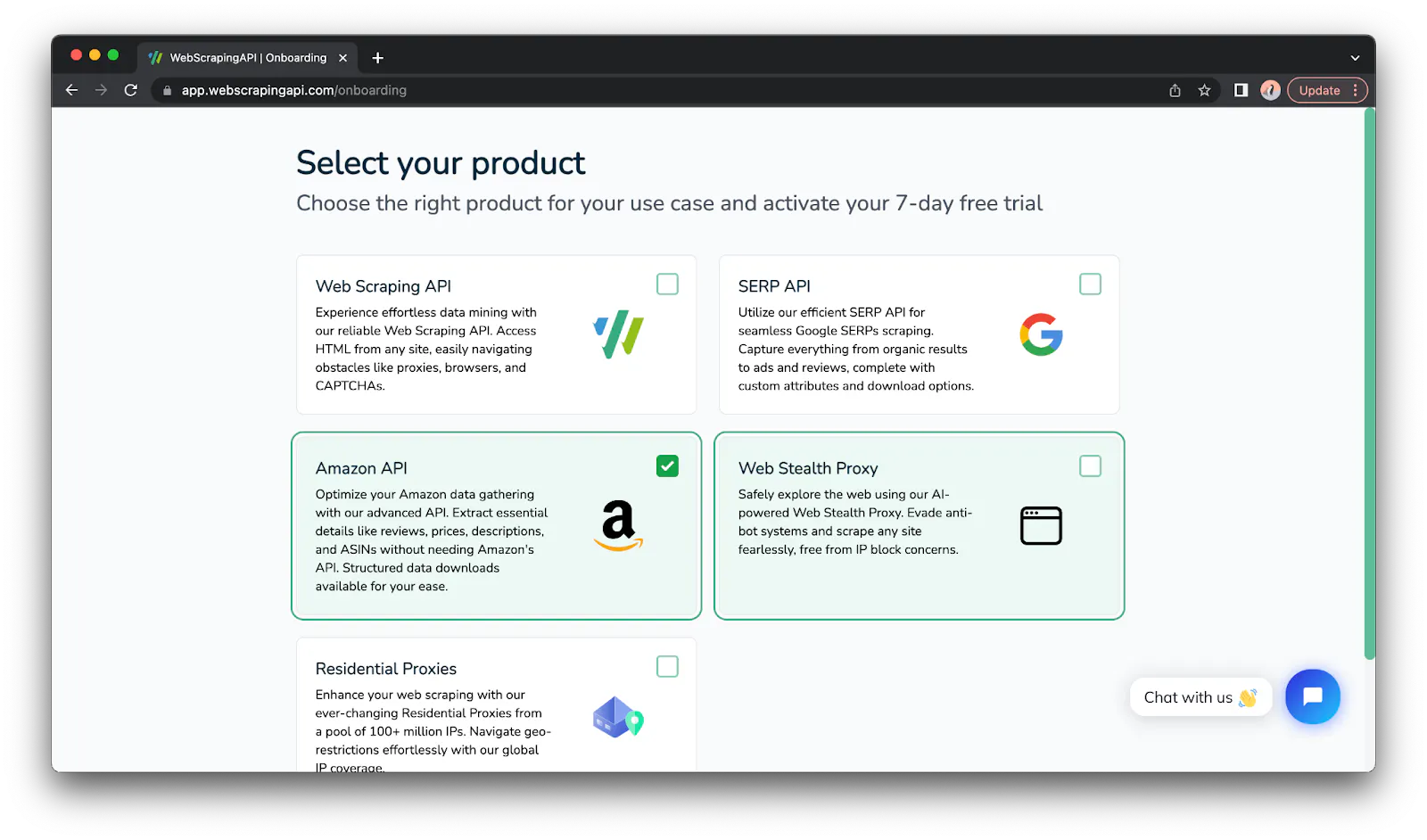 WebScrapingAPI dashboard screen with product tiles for Amazon API, SERP API, and Google Maps API
