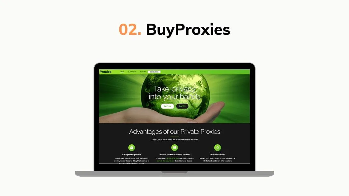 Graphic highlighting BuyProxies, showing a laptop mockup with a private proxy provider homepage