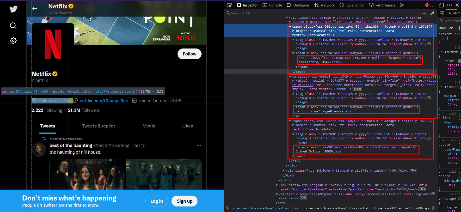 Twitter profile page with browser devtools highlighting the HTML for location, website, and join date fields