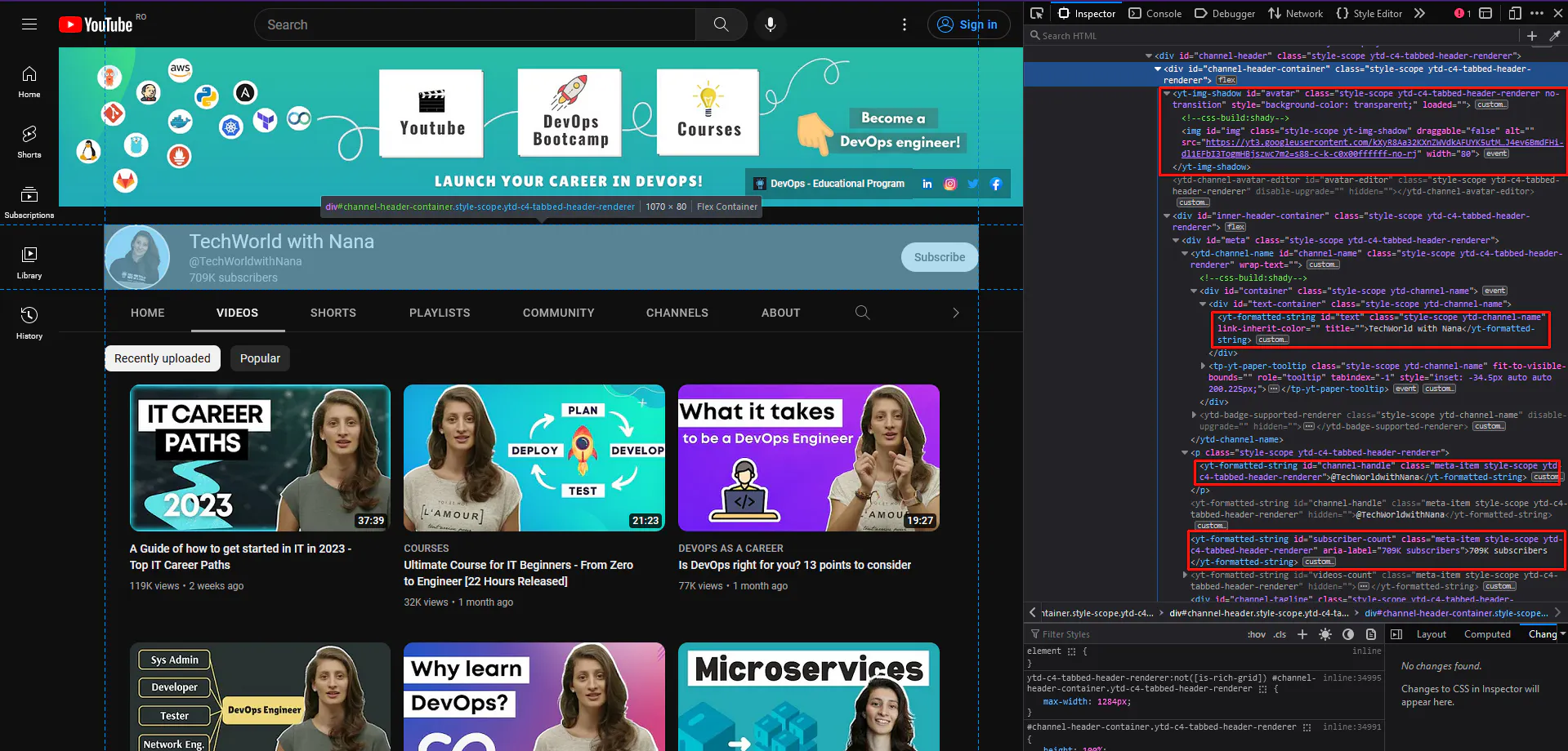 YouTube channel page with browser devtools highlighting the channel name and subscriber count metadata