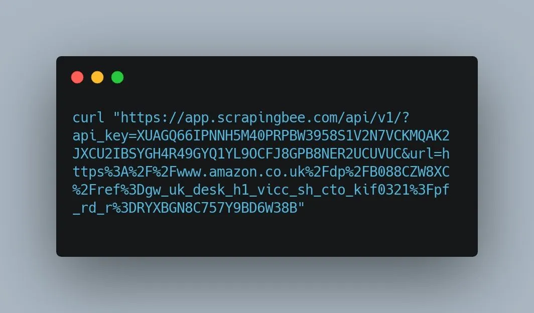Terminal-style code block showing a curl request to the ScrapingBee API with a target URL parameter