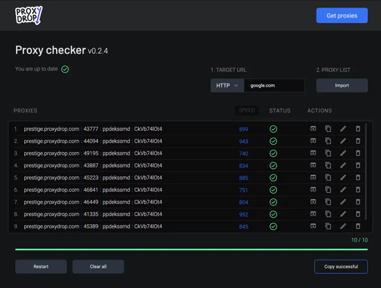 Proxy checker interface listing multiple proxies with speed and status indicators and a target URL field