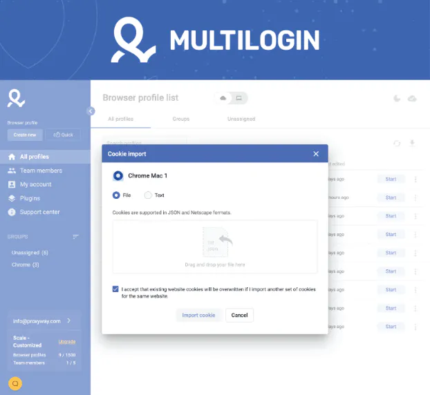 Multilogin anti-detect browser dashboard showing a browser profile list and a cookie import dialog