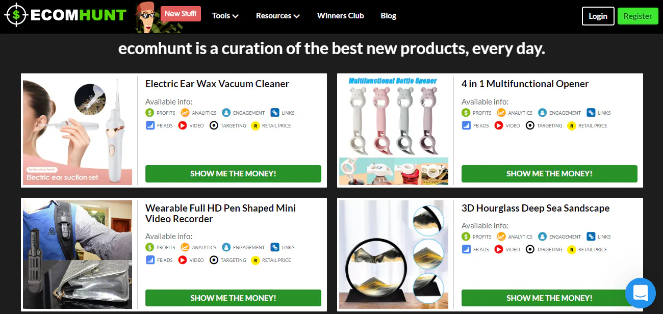 Ecomhunt product grid screenshot showing multiple product cards with analytics and engagement icons