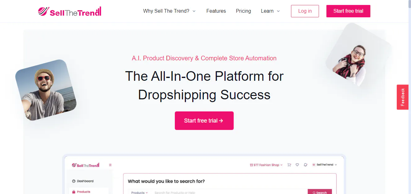 Sell The Trend landing page promoting dropshipping automation with a start free trial button
