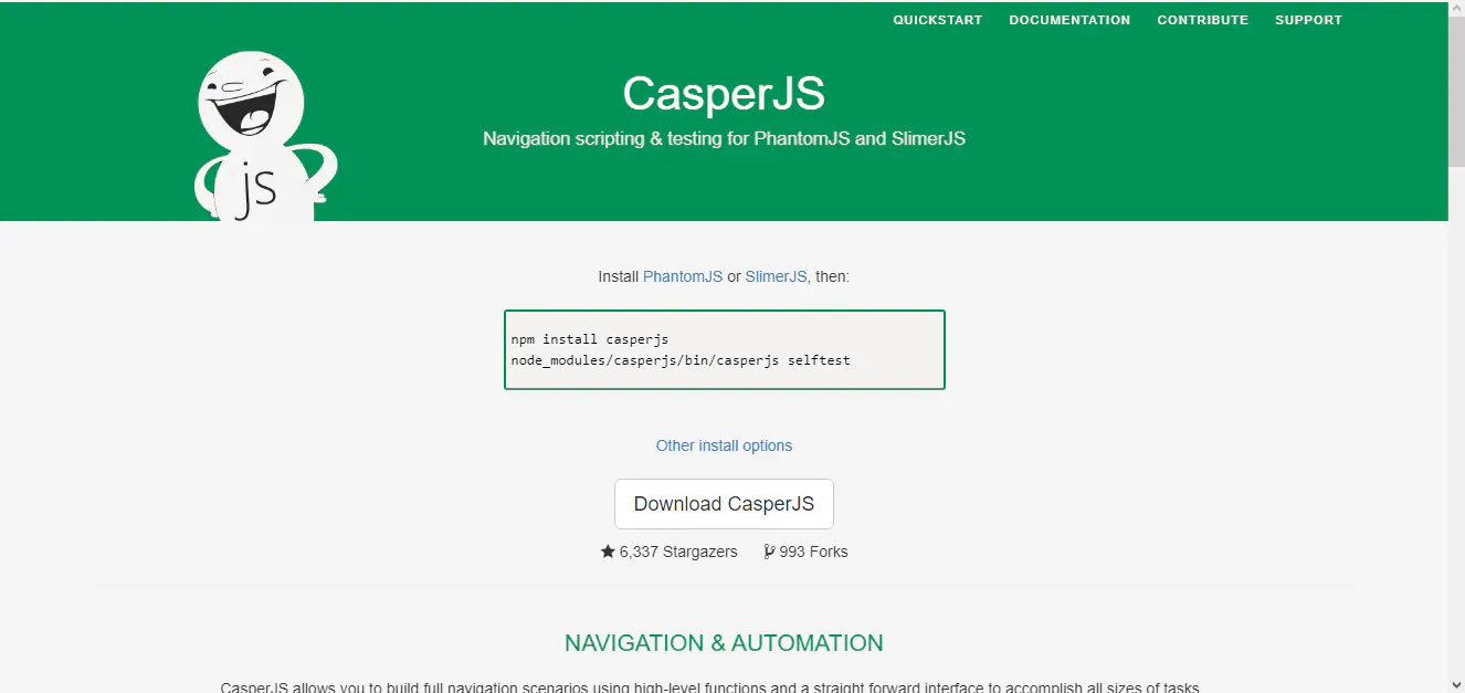 CasperJS website describing navigation scripting and testing for PhantomJS and SlimerJS, with install command and download button