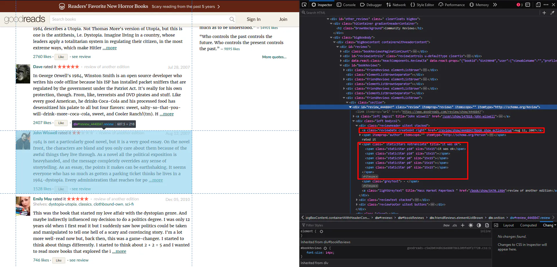 Goodreads review page with developer tools highlighting the review date and star rating elements