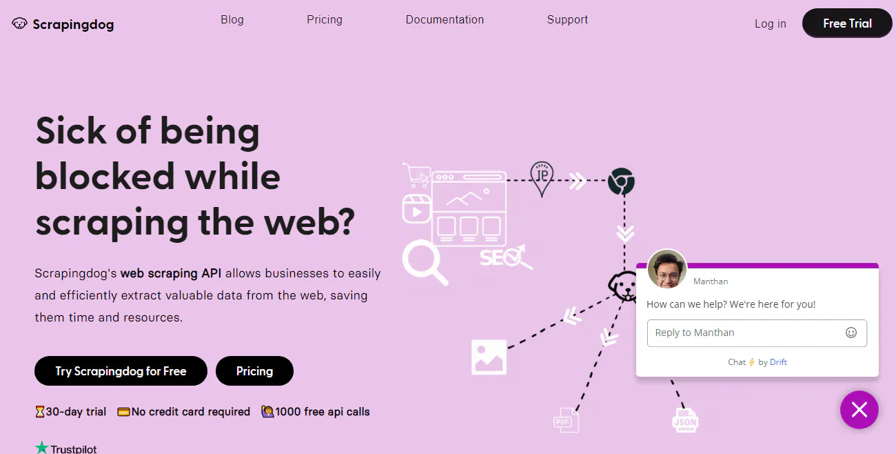 Scrapingdog homepage promoting a web scraping API designed to avoid getting blocked