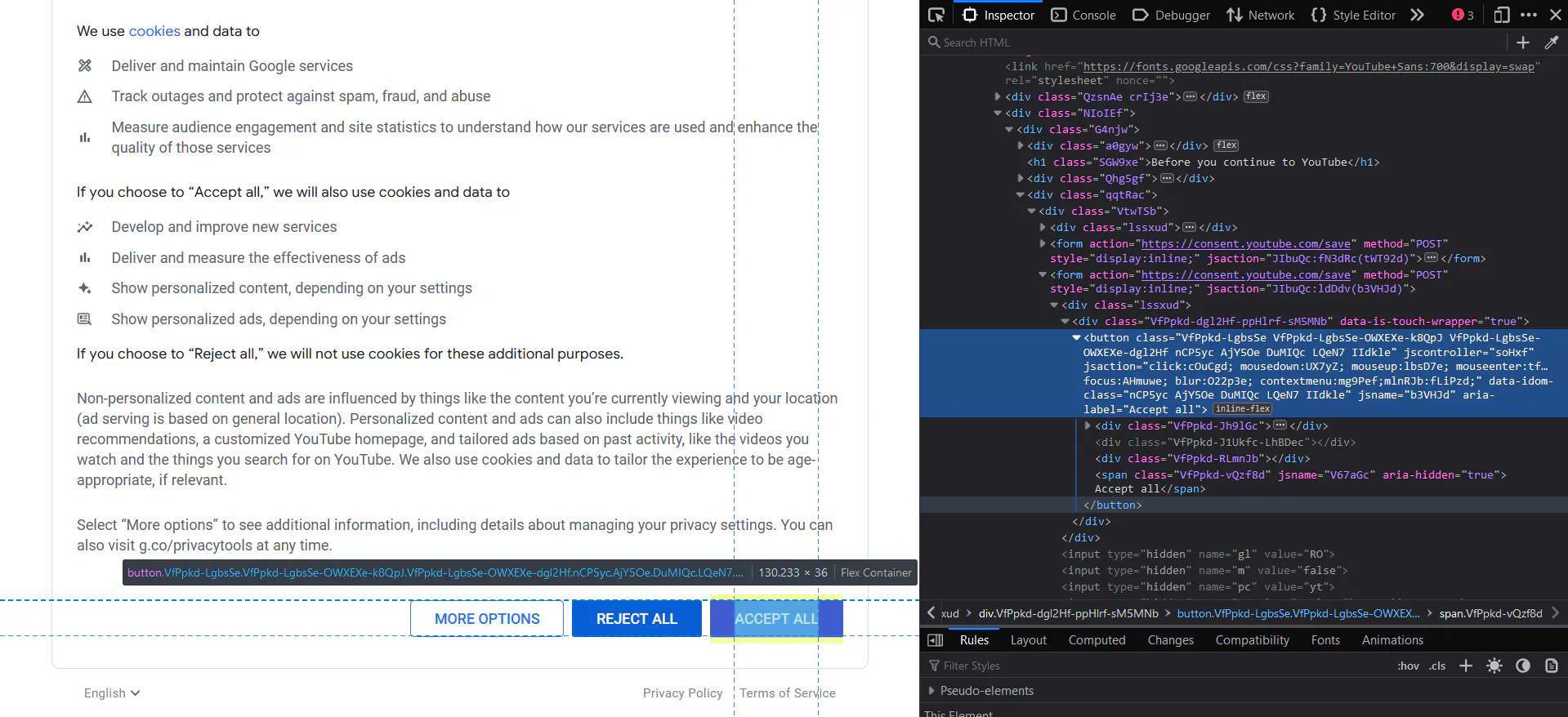 YouTube cookie consent dialog with browser devtools highlighting the Accept all button element