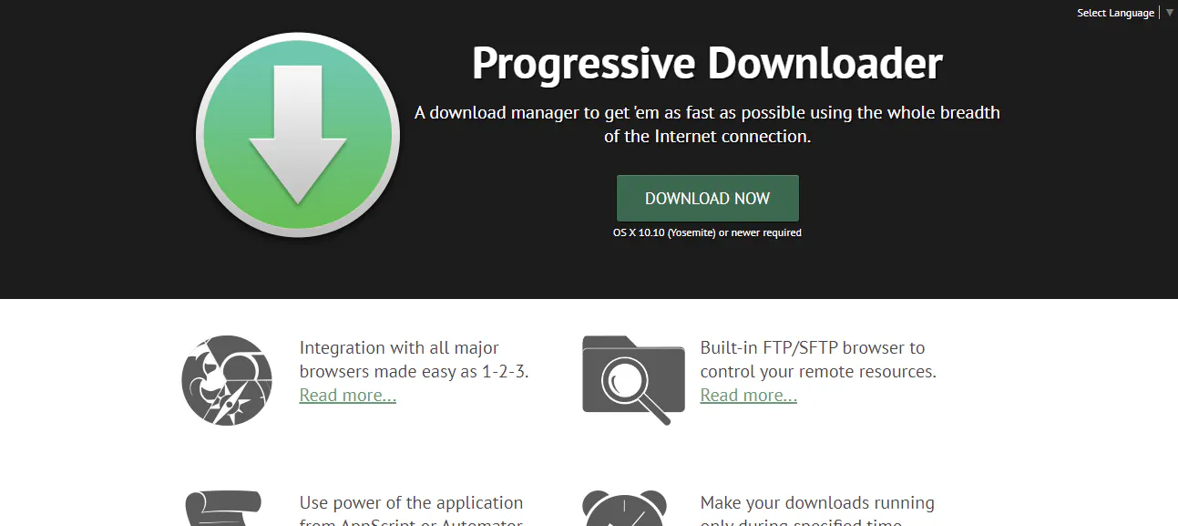 Progressive Downloader webpage promoting a download manager with a download now button and feature list