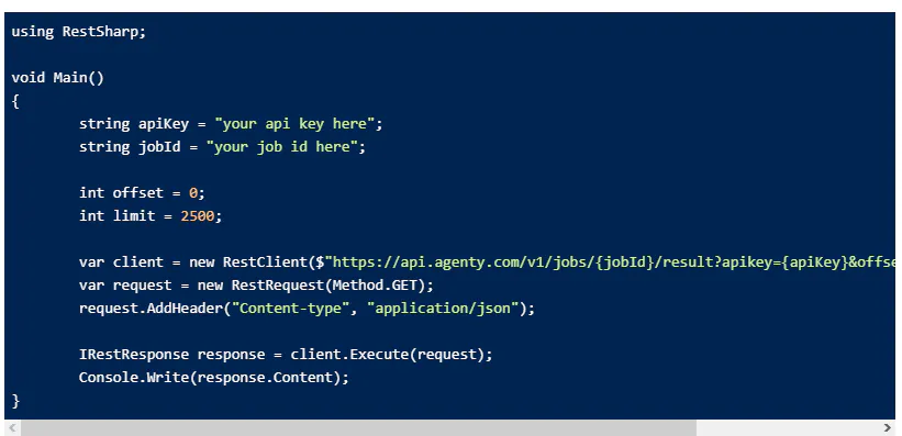 Code snippet screenshot showing a RestSharp example calling the Agenty API with an API key and job ID