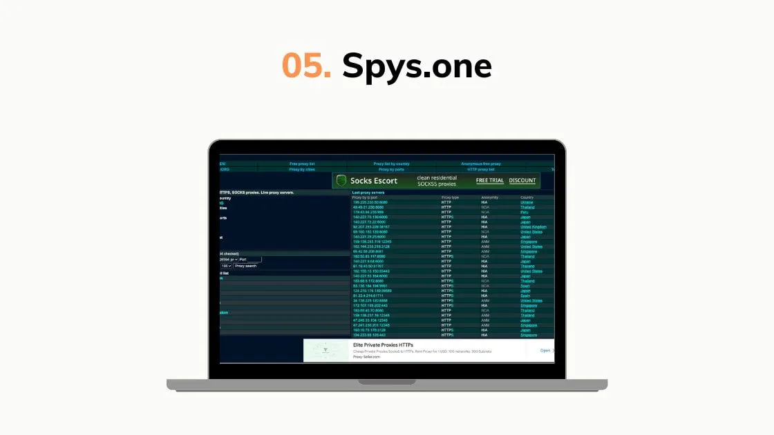Spys.one proxy list page shown on a laptop with a table of proxy IP addresses and countries
