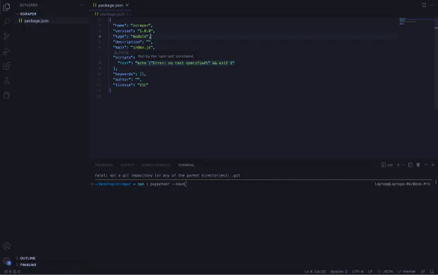 VS Code showing a package.json file and terminal command installing Puppeteer with npm