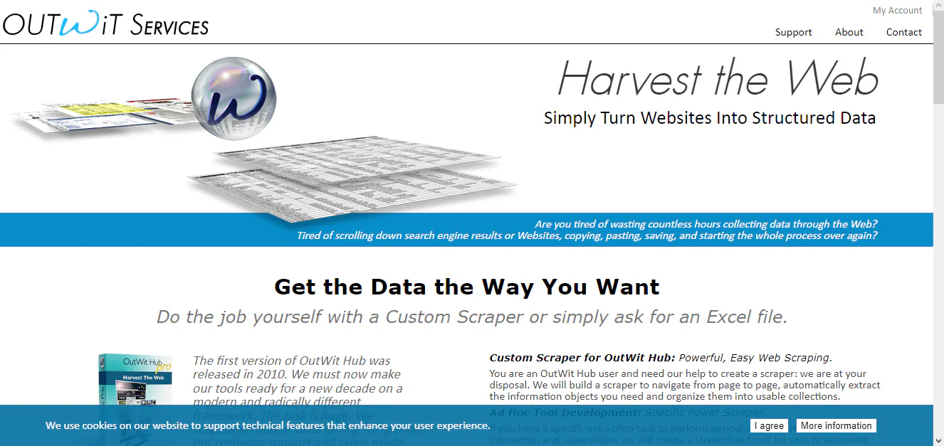 OutWit Services landing page screenshot describing tools to turn websites into structured data