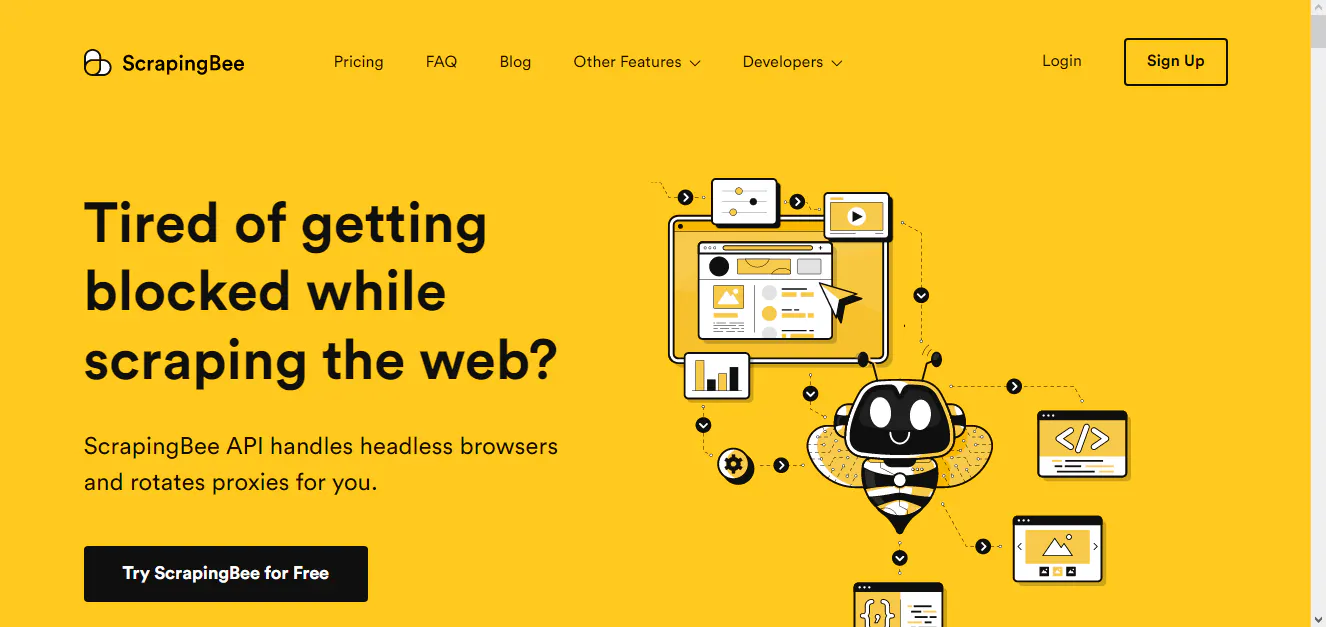 ScrapingBee homepage promoting a web scraping API with a bee mascot illustration