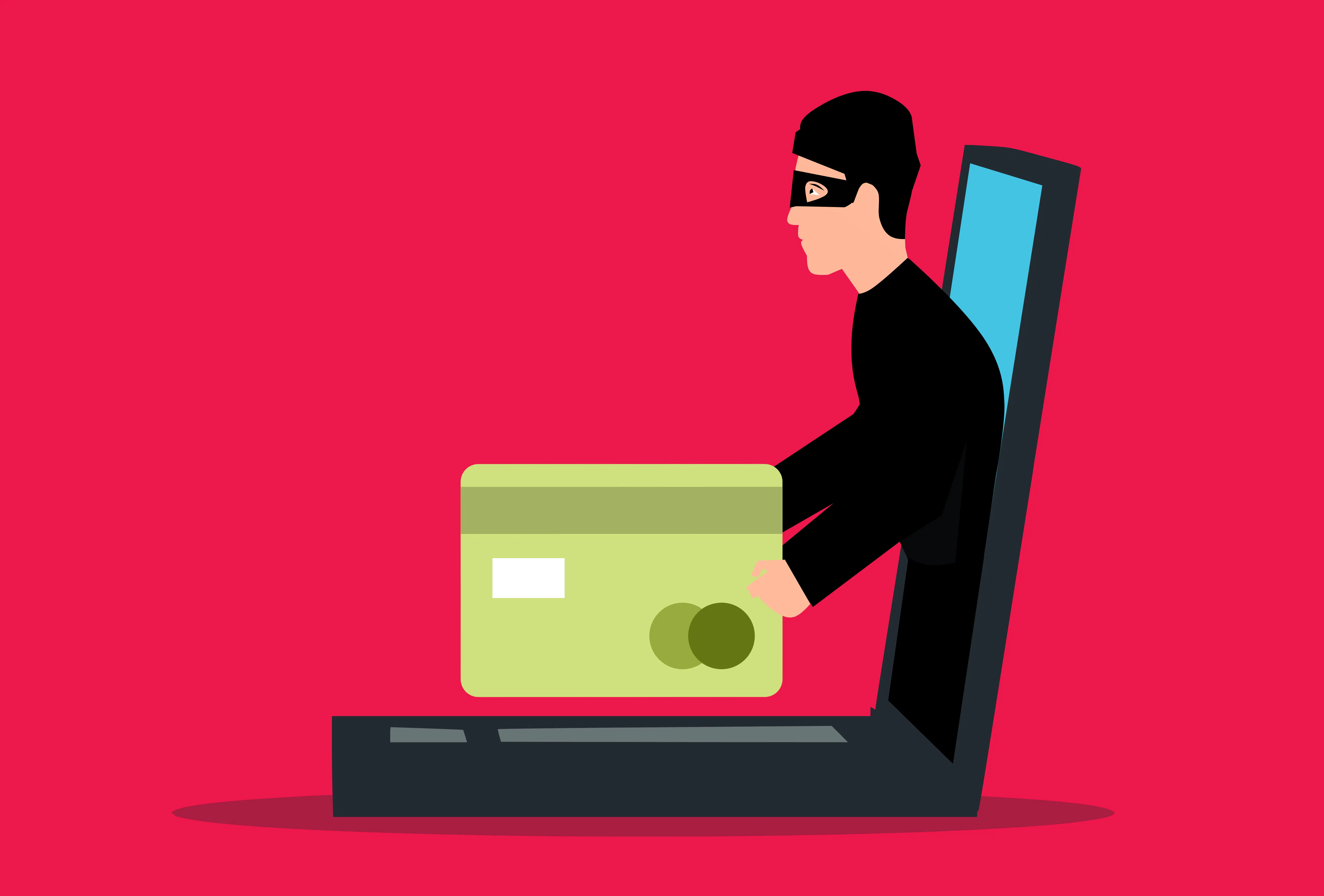 Illustration of a masked thief stealing a credit card from a laptop screen, representing online fraud