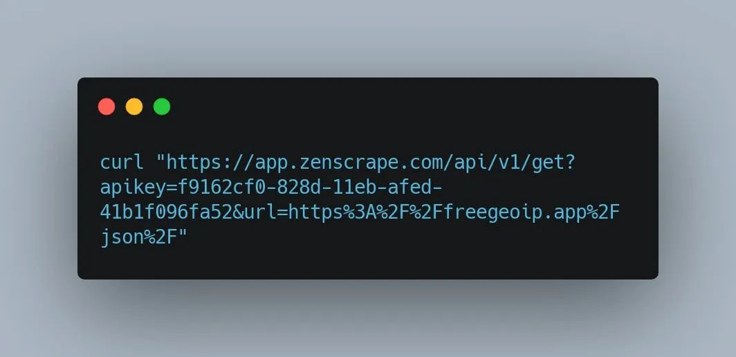 Terminal-style code block showing a curl request to the Zenscrape API with a target URL parameter