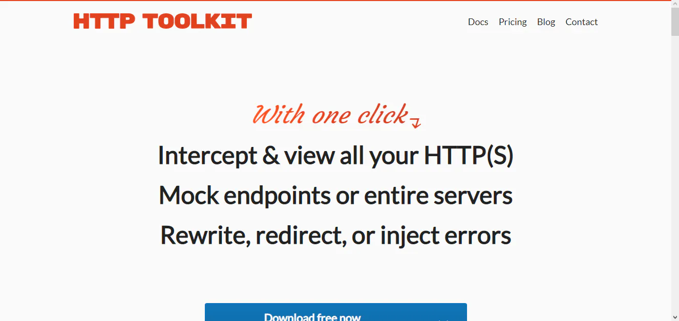 HTTP Toolkit homepage describing intercepting and viewing HTTP(S) traffic, with navigation links for docs and pricing