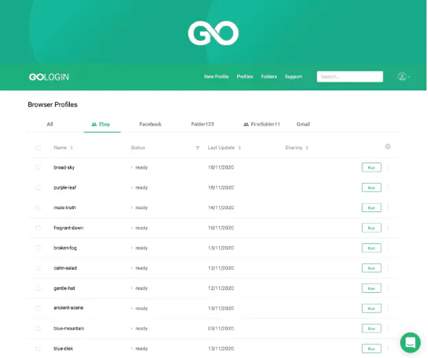 GoLogin anti-detect browser dashboard showing a list of browser profiles with status and run buttons