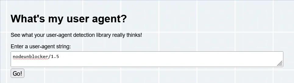What's my user agent page with a text box containing a user-agent string and a Go button