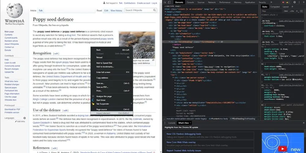 Wikipedia article open in a browser with Chrome DevTools inspecting page elements and CSS