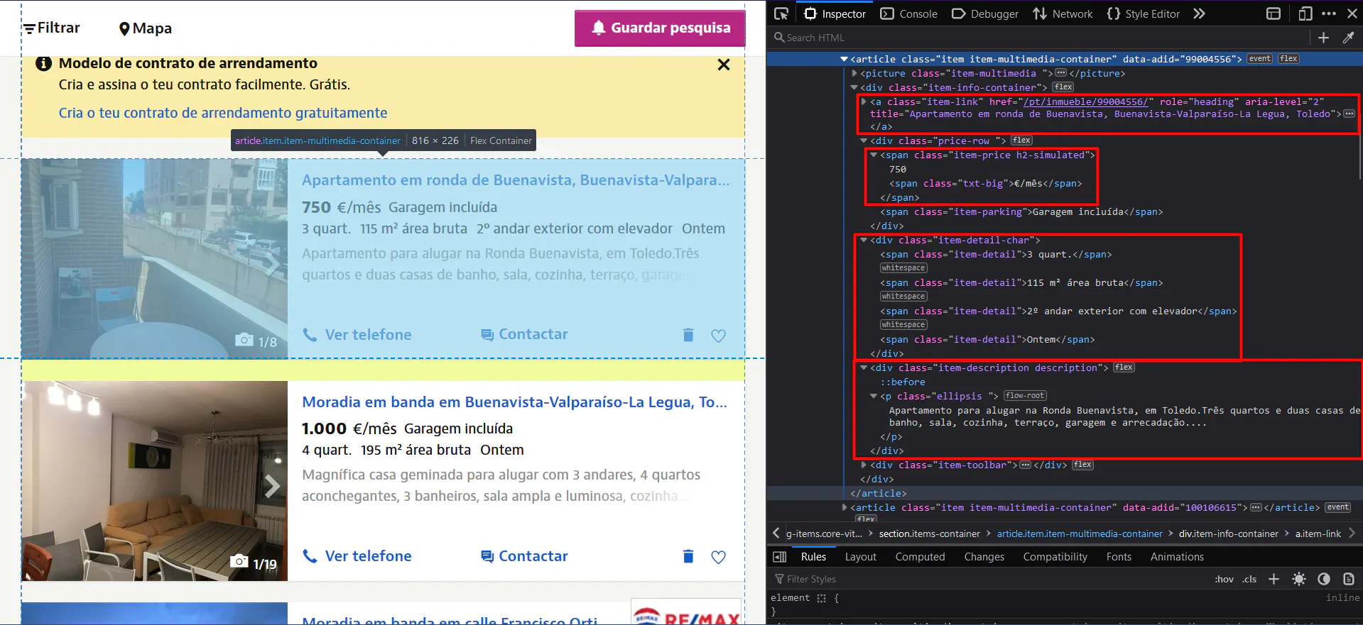 Idealista property listings page with browser devtools highlighting HTML for title, price, and description fields