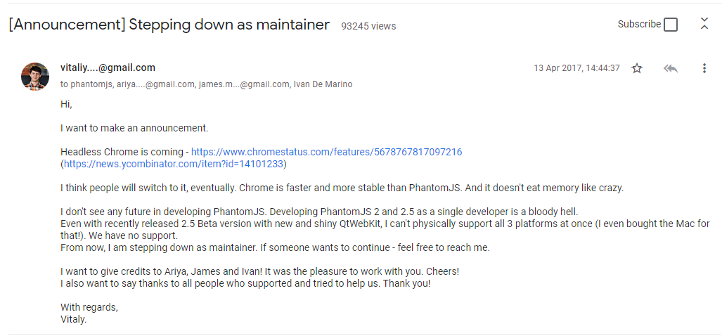 Screenshot of a Google Groups announcement post about stepping down as PhantomJS maintainer