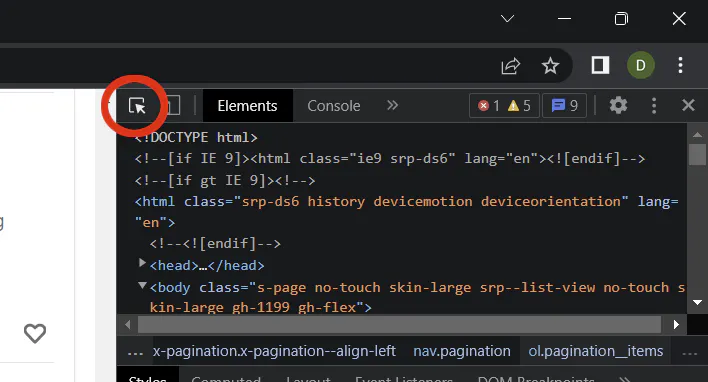 Chrome DevTools element picker icon highlighted for selecting elements on a web page