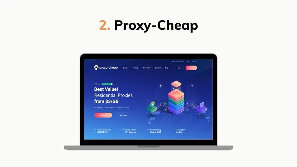 Graphic highlighting Proxy-Cheap, showing a laptop mockup with a residential proxy service landing page
