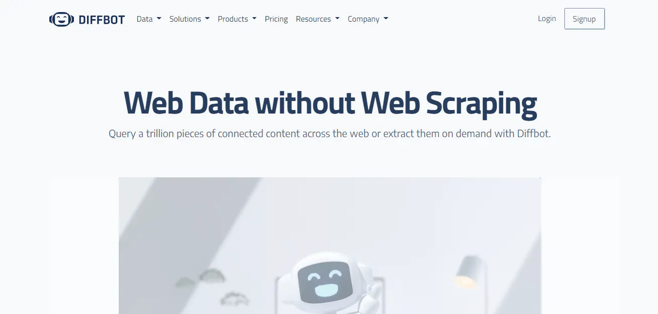 Diffbot landing page screenshot with a headline about getting web data without web scraping