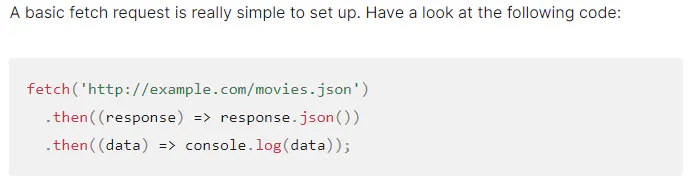 JavaScript fetch() example showing a request and parsing a JSON response