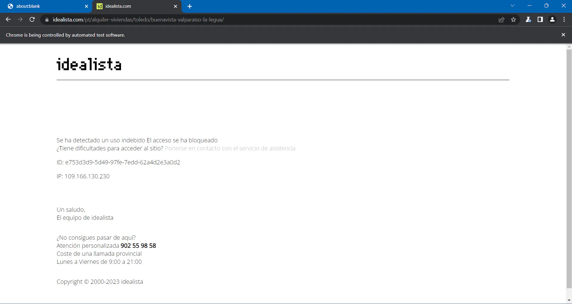 Idealista blocked access page stating suspicious usage was detected and access has been blocked