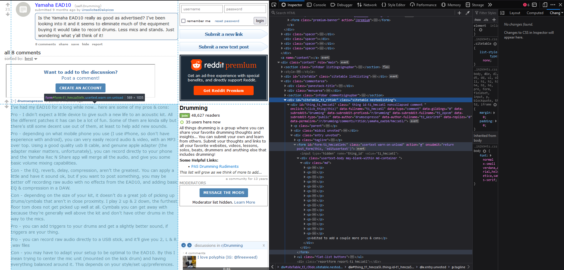 Reddit thread opened alongside browser developer tools inspecting a comment element in the HTML