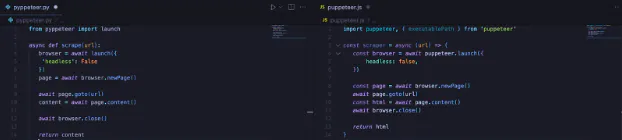 Side-by-side code editor panes showing a Puppeteer script that launches a browser and loads a page