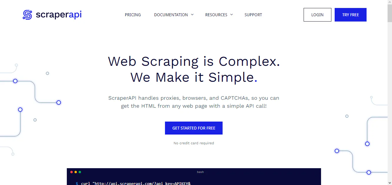 ScraperAPI homepage with a headline about simplifying web scraping and a Get started button