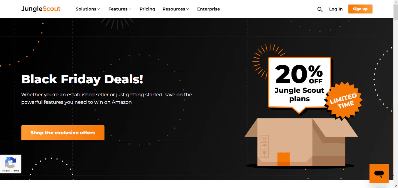 Jungle Scout promotional banner for Black Friday deals with a 20% off plans badge