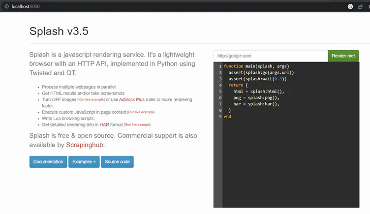 Splash web interface describing a JavaScript rendering service, with a code editor panel and a Render me button