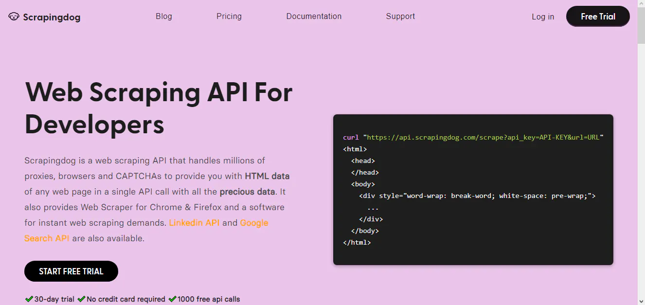 Scrapingdog landing page for a web scraping API, with a curl example and HTML response snippet