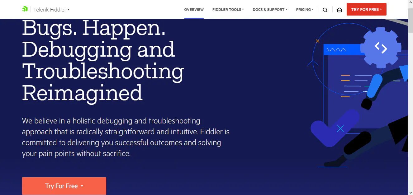 Telerik Fiddler homepage hero promoting debugging and troubleshooting, with an illustrated screen and magnifier