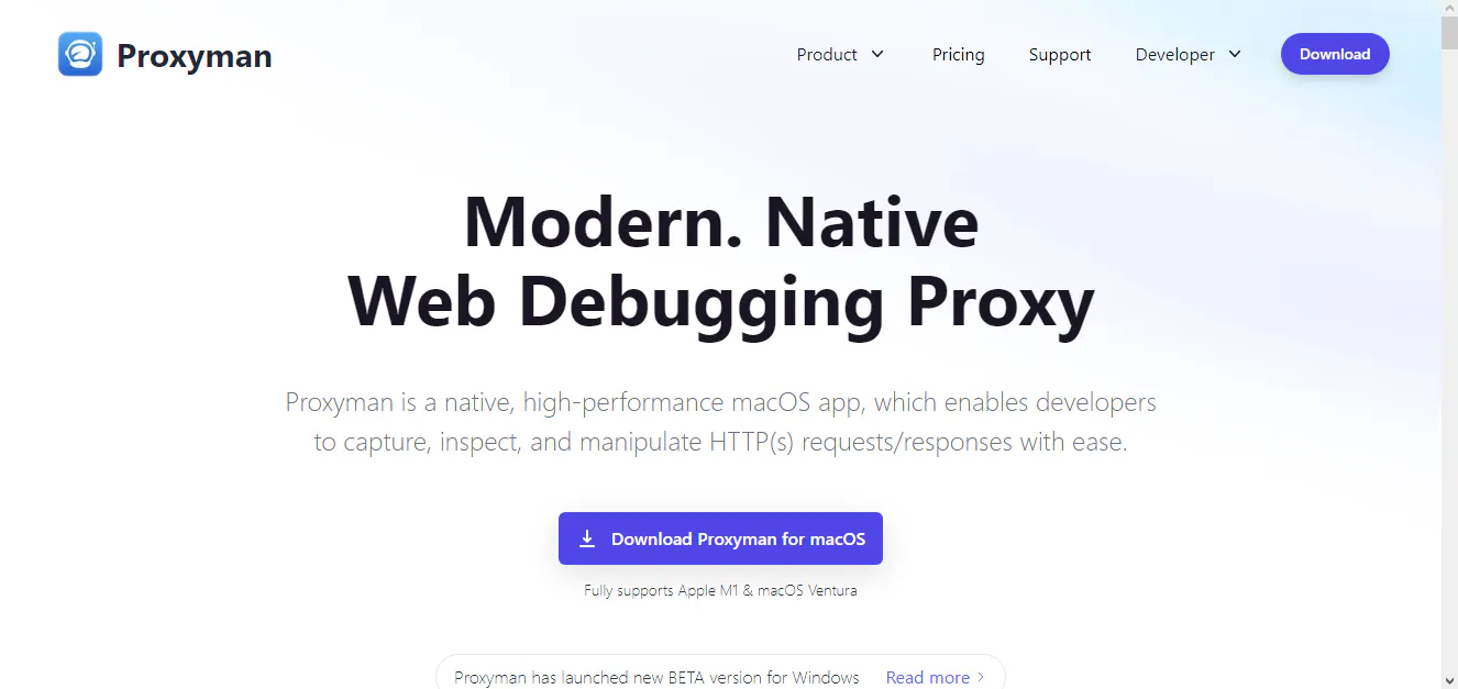 Proxyman website hero describing a native web debugging proxy for macOS, with a Download button