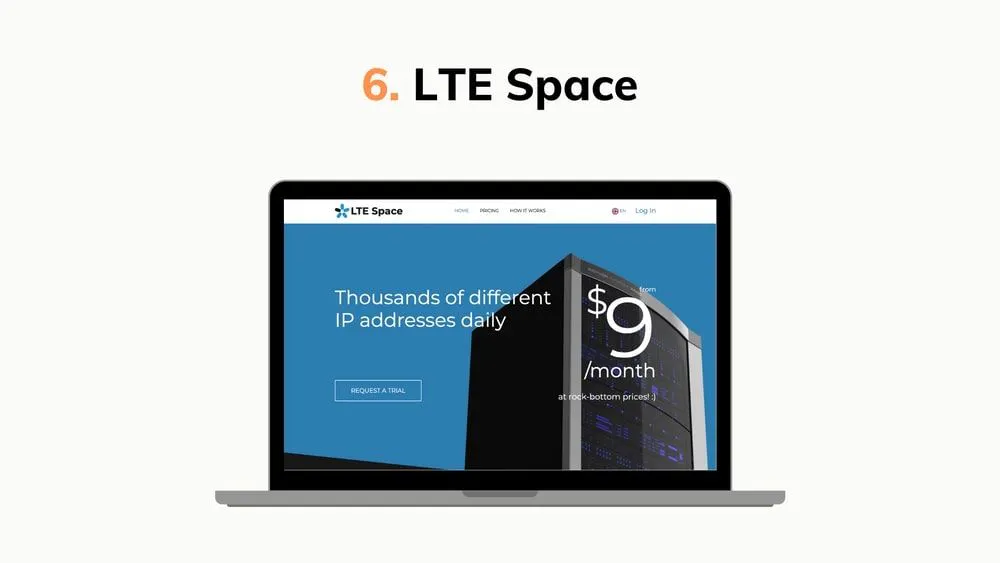 Graphic highlighting LTE Space, showing a laptop mockup with a mobile proxy service advertising thousands of IPs