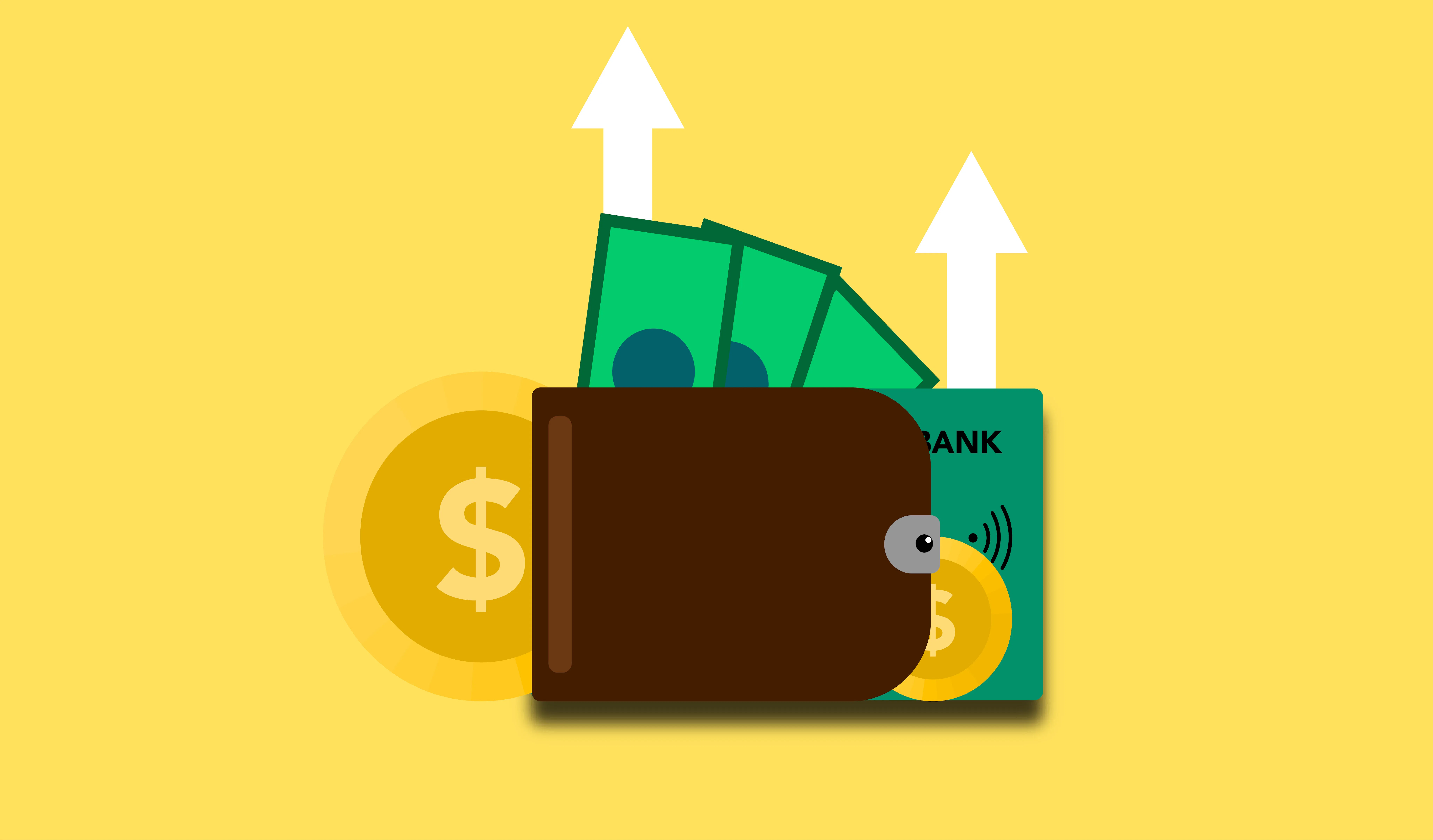 Illustration of a wallet with cash and upward arrows, representing profit or revenue growth